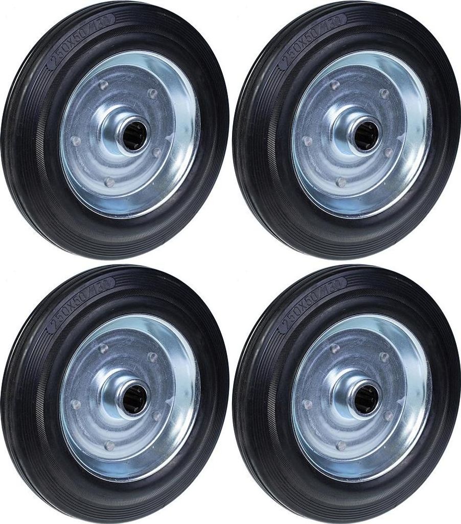 250mm 10" schwarze Gummiräder mit gepresster Stahlkernbohrung 25mm 210kg - Satz mit