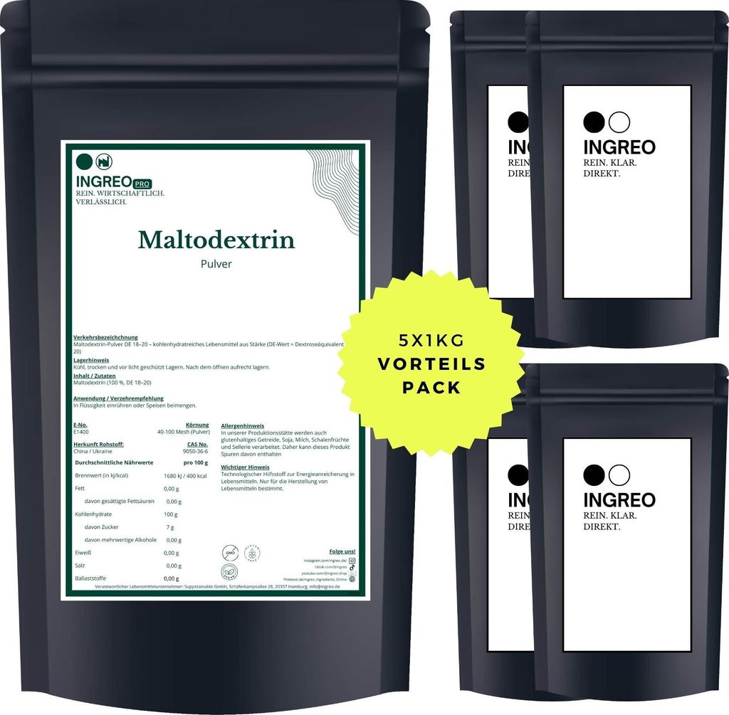 Maltodextrin-Pulver (40-100 Mesh) (DE 18–20) – 5kg (5X1kg) Produktbild 
