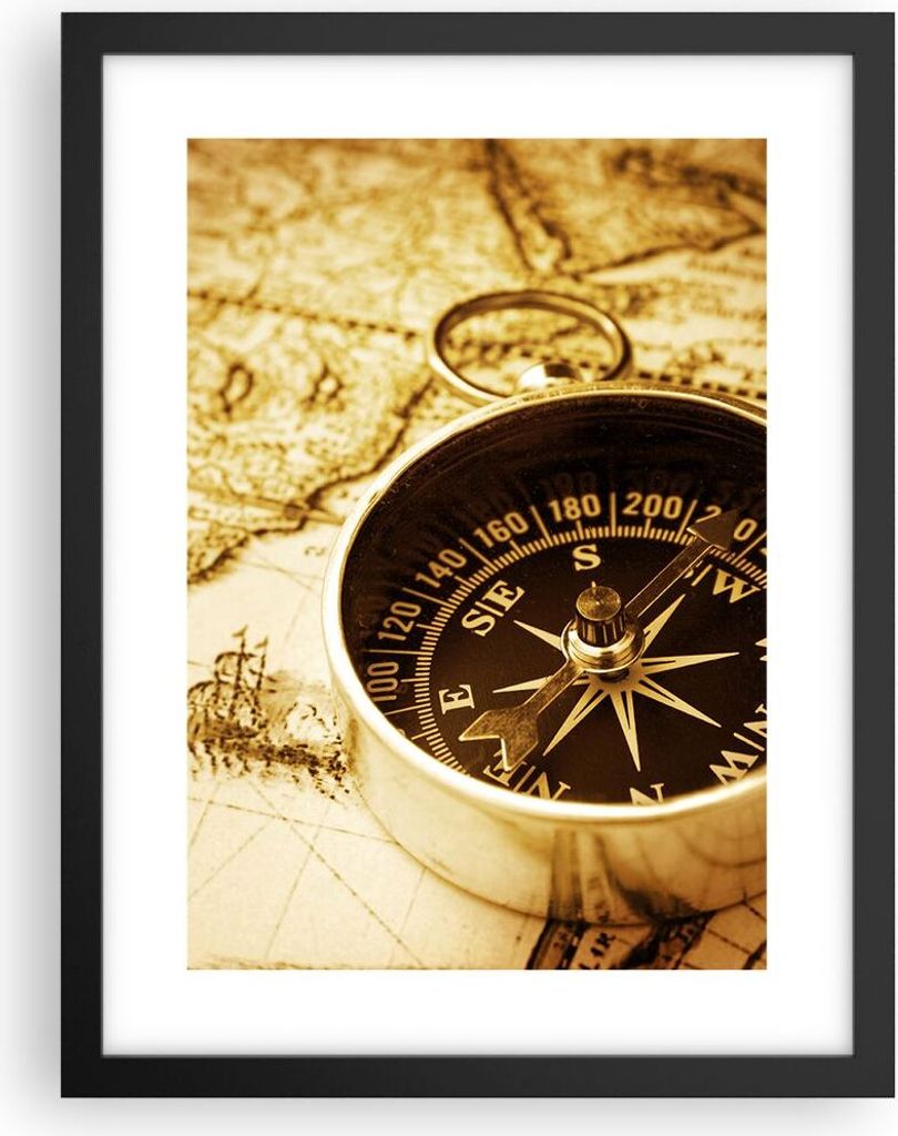 Gerahmtes Poster - Schwarzer Rahmen - Kompass alt reisen Reise - 30x40 cm - Wand Bild - Wanddeko - Wandbilder - Wandposter - Bilderrahmen - Bilder ...