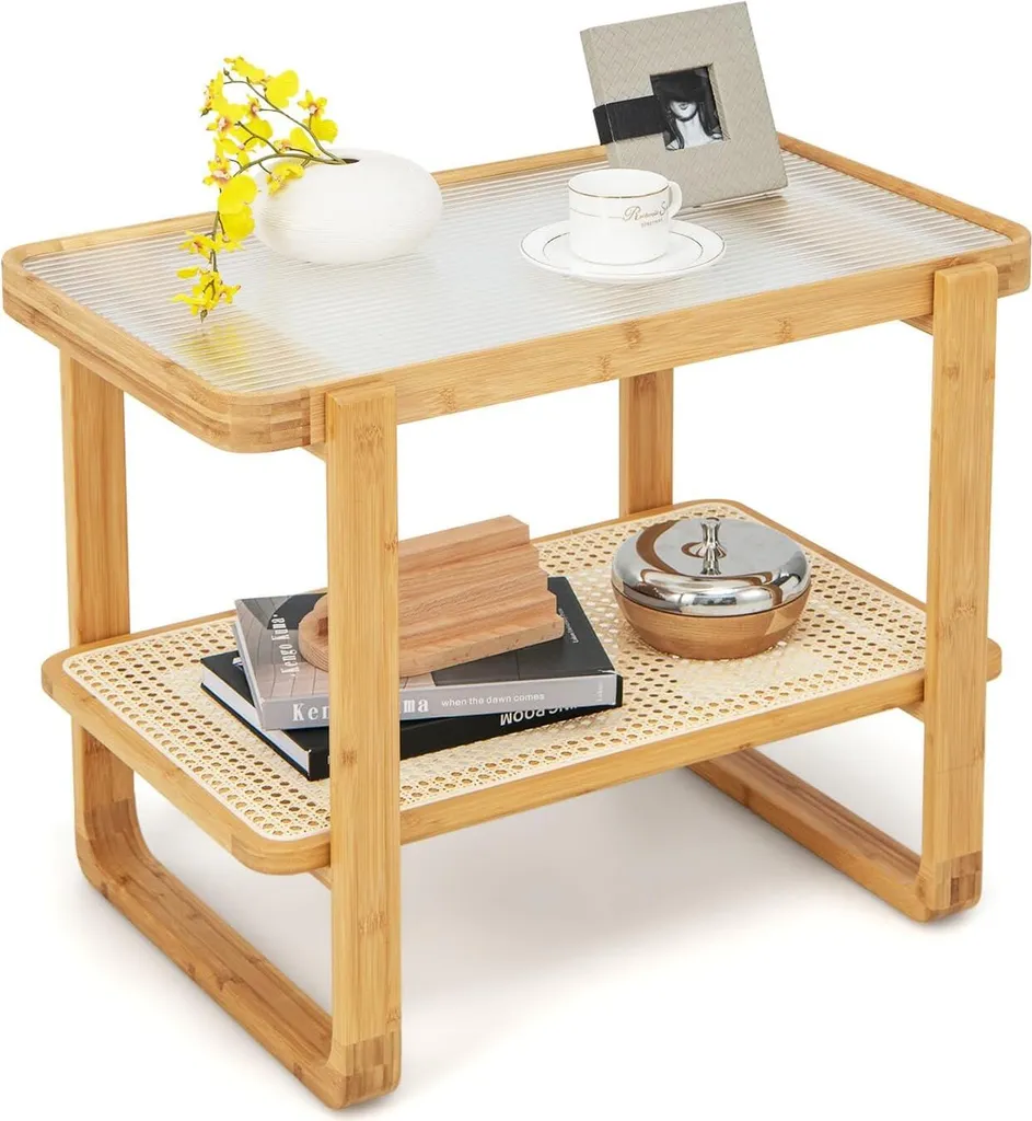 COSTWAY Table d'appoint avec support en rotin et plateau verre amovible