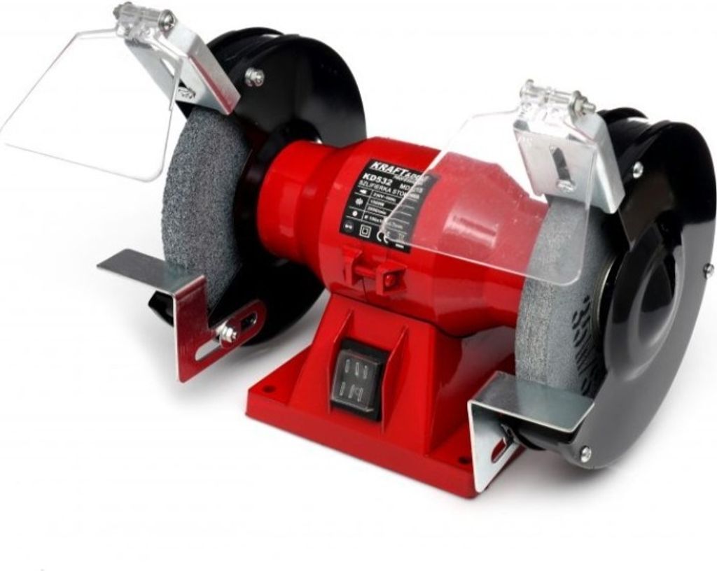 A red and black double-wheel grinder on a white background.
