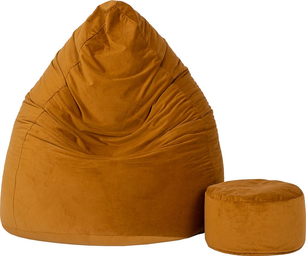 A large beanbag chair and a small ottoman are shown against a white background.
