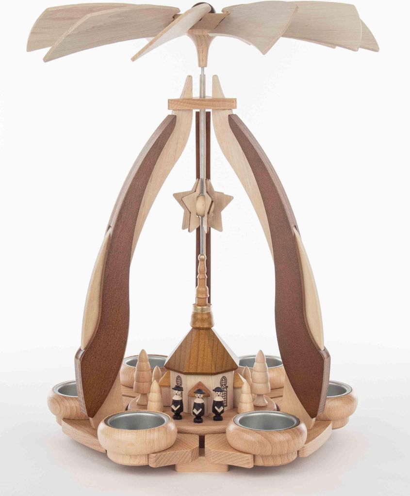 Tischpyramide Kurrende mit Seiffener Kirche und Teelichter HxLxB 36x27x27cm NEU