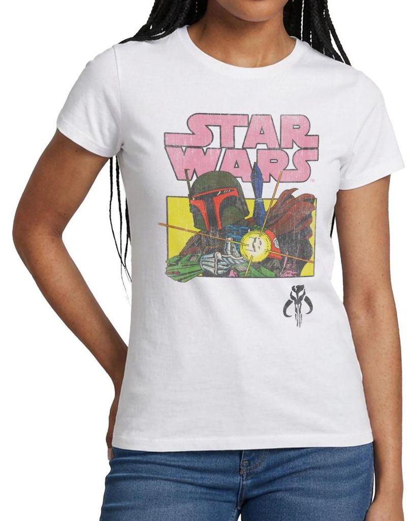 Star Wars: Mandalorian Retro Mandalorianer Frauen T-Shirt, M, Weiß