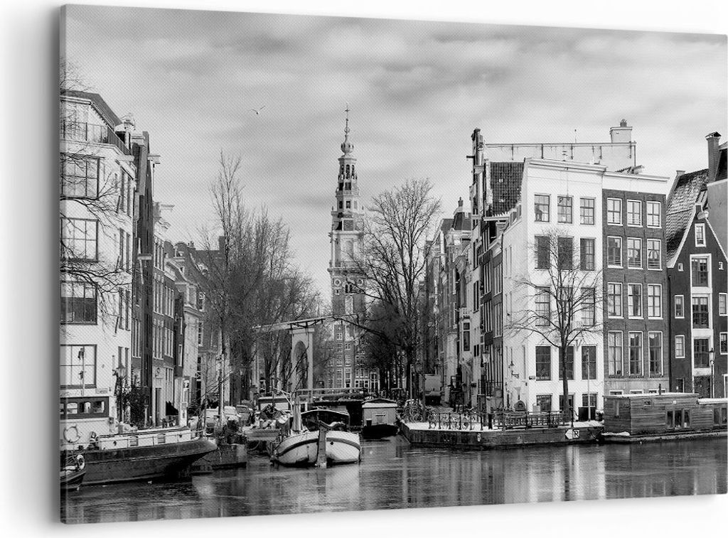 Bild auf Leinwand - Leinwandbild - Einteilig - Schwarzweiß Amsterdam Boote - 120x80cm - Wand Bild - Wanddeko - Wandbilder - Leinwanddruck - Bilder...