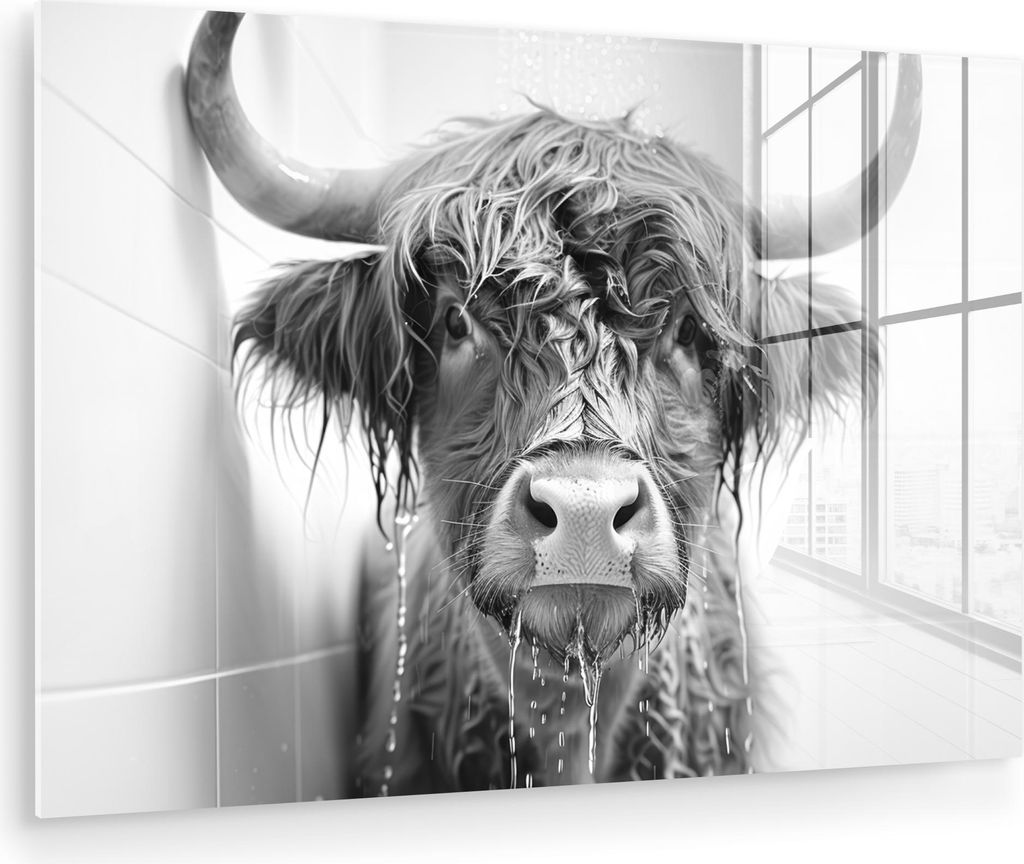 MuchoWow Glasbilder - Bilder auf Wandbild - Foto auf Glas Schottisches Hochlandrind - Tier - Dusche - Humor 60x40 cm Wanddekoration aus Glas - Acry...