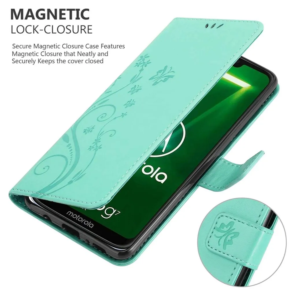 Cadorabo cover per Motorola MOTO G7 POWER in TURCHESE FLOREALE Cover protettiva in design floreale con chiusura magnetica, funzione stand e slot per carte di credito Flip Case Flower Cover Etui Handy Klapp Hülle Book Tasche - 4