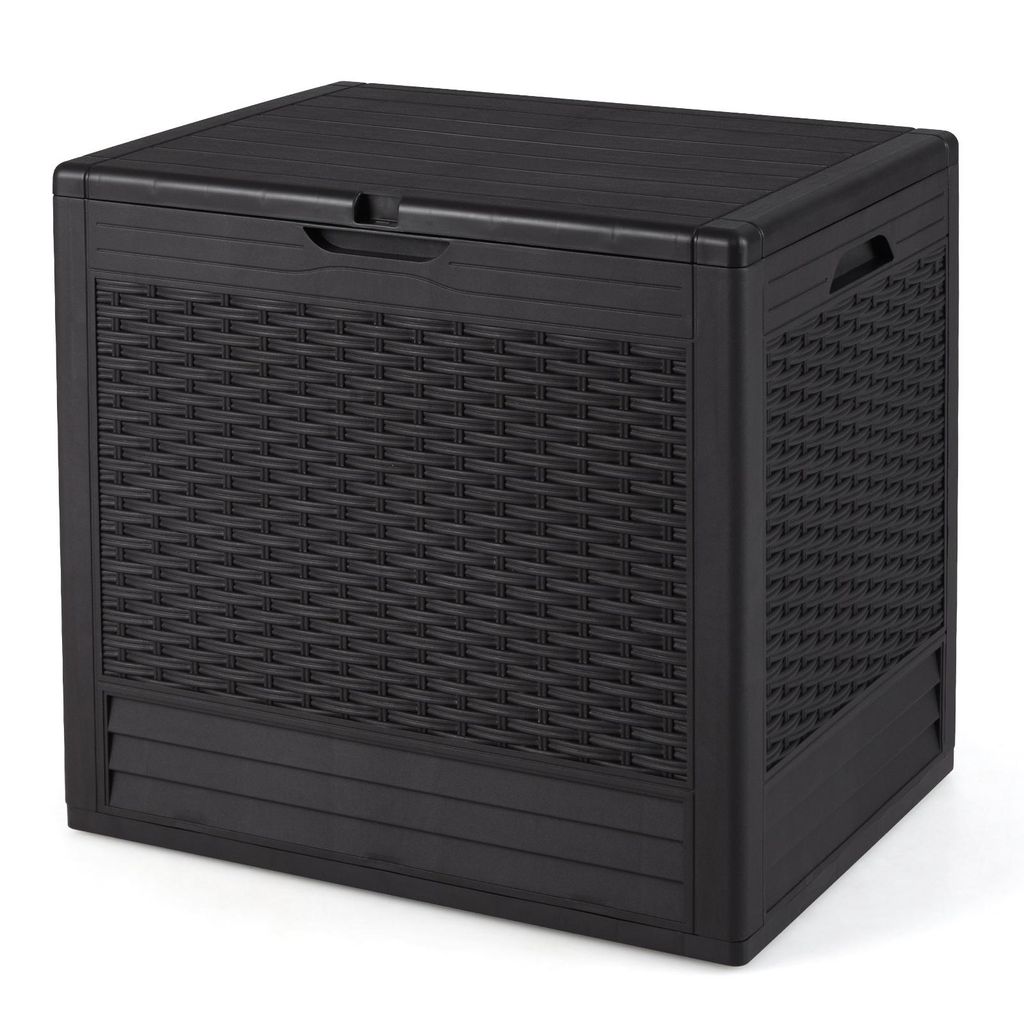 A black storage box with a rattan-like texture on a white background.