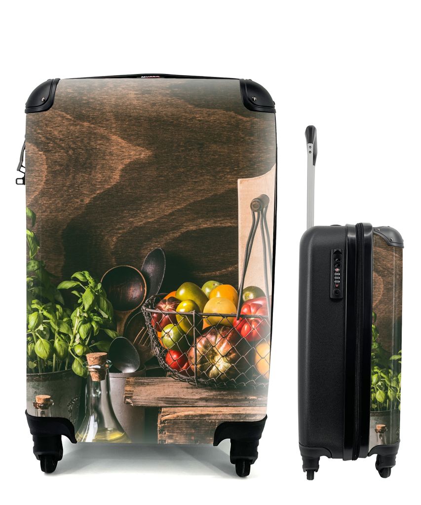 MuchoWow Koffer Handgepäck Trolley Rollkoffer Kleine Reisekoffer mit 4 Rollen - Gemüse - Kräuter - Rustikal - Stilleben - Basilikum - Cabin Si...