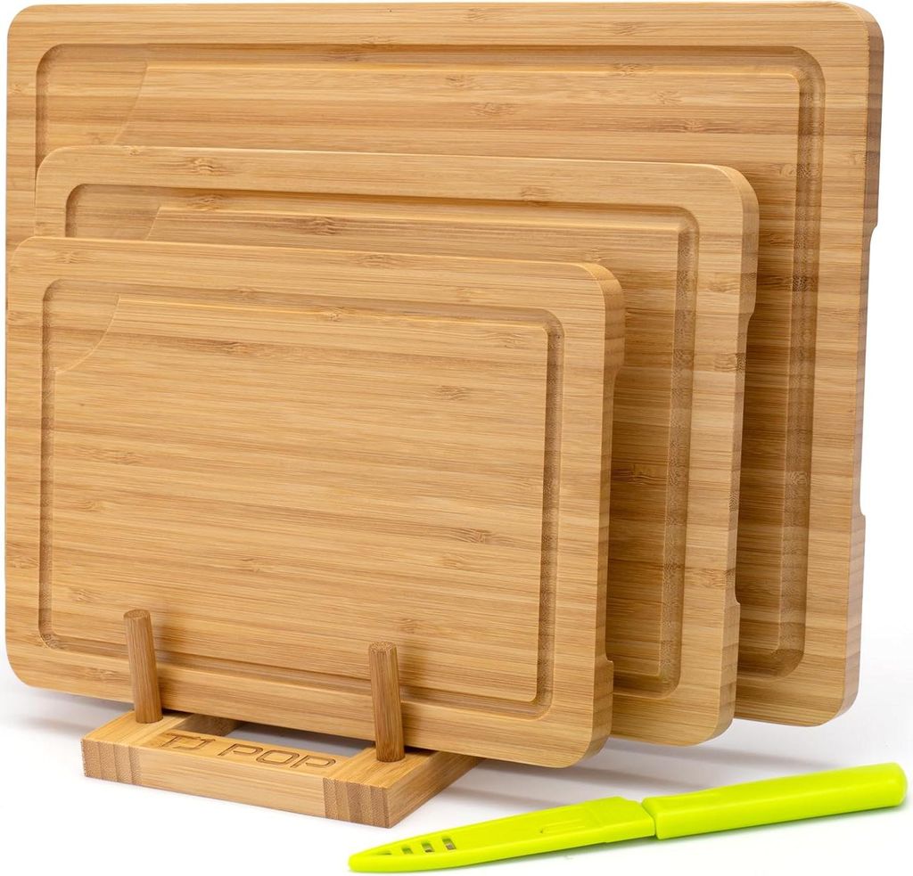 Bambus-Schneidebrett-Set, 3-teilig mit Saftrille - Beidseitig verwendbar, geeignet für Fleisch, Gemüse und Käse