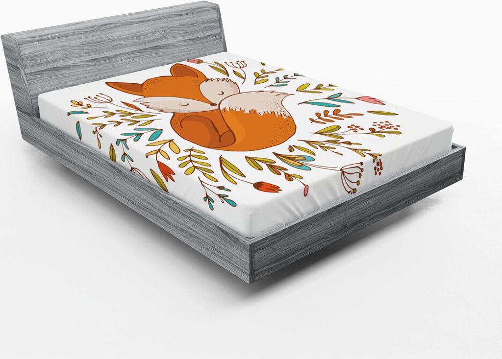 ABAKUHAUS Karikatur Spannbetttuch, Niedlicher Babyfuchs, der in einem Blumen gemachten Bett-Kreis-Kunst-Druck schläft, 180 x 200 cm, Dark Orange W...