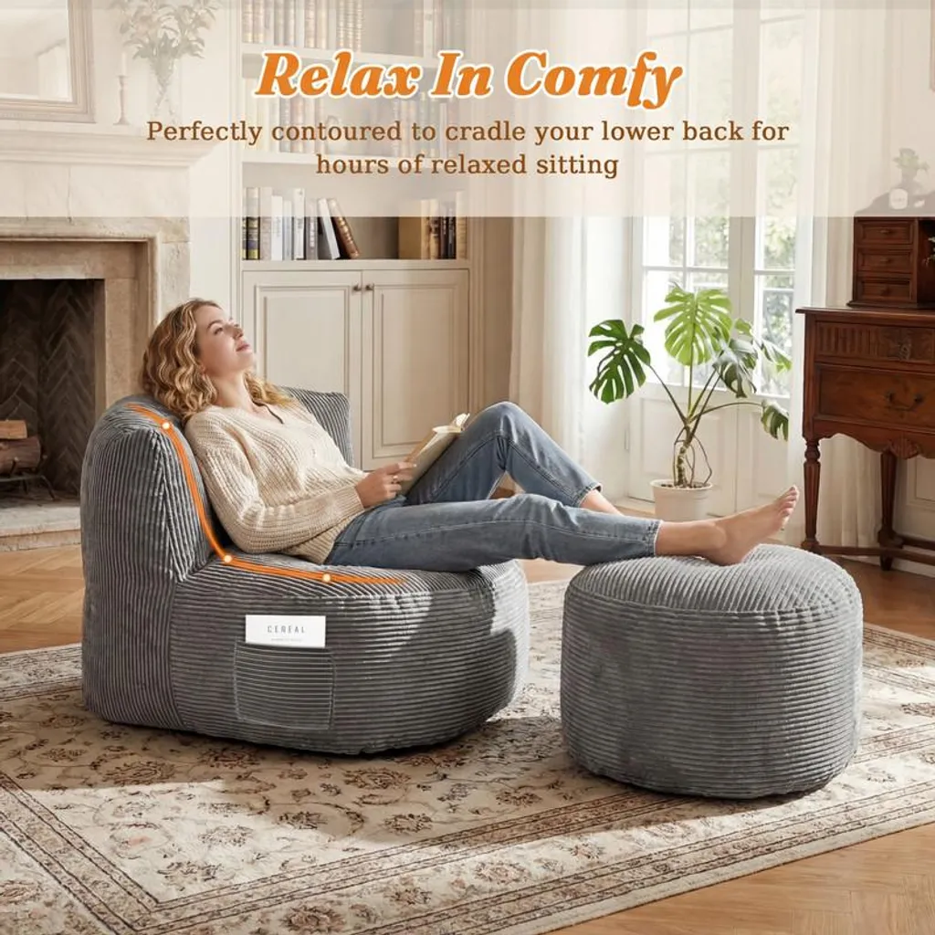 Fauteuil de chambre confortable gris en flanelle avec pouf rond de repos - 7