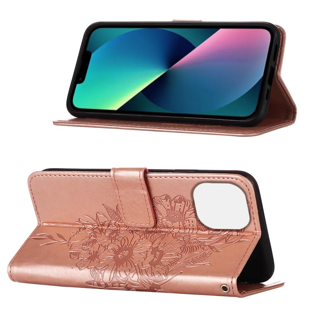 Custodia in Pelle iPhone 13 Pro Oro Rosa - Farfalla Flip Case Robusta - 2