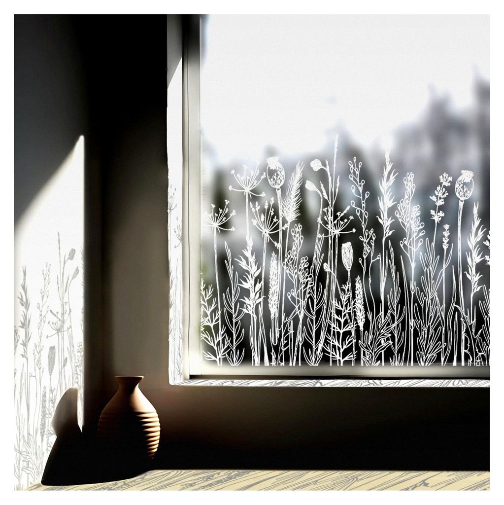 Fensterfolie mit Blumen- und Pflanzenmotiven, weiße Deko für Fenster, statische Fensterfolie, geeignet für Wohnzimmer, Schlafzimmer, Küche, Bad...