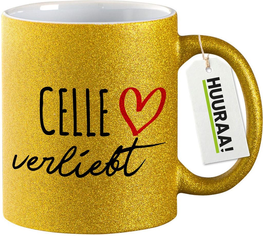 Huuraa Glitzertasse Celle verliebt 330ml Gold Keramik Kaffeebecher Geschenkidee