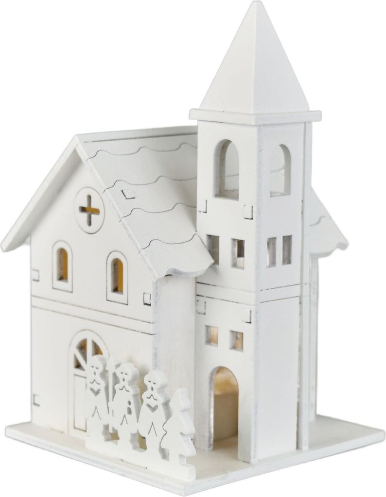 Holzkirche weiß mit LED 13x8 cm
