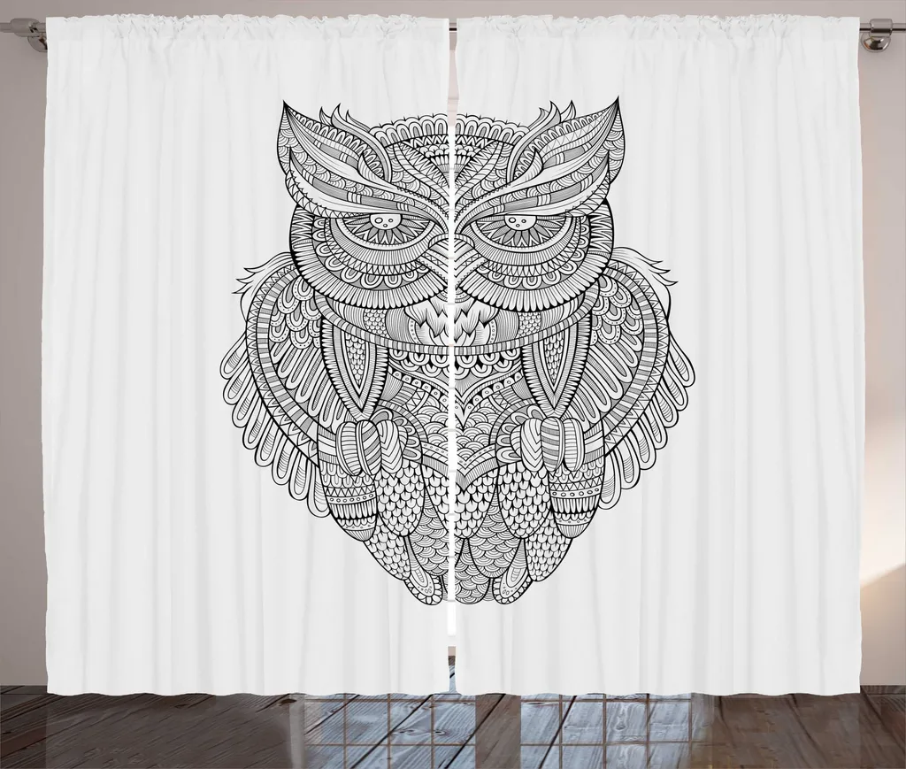 Rideau Motif Zentangle Owl Tribal avec Boucles et Crochets 280x225 cm