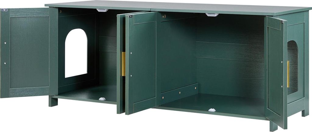 An open green cabinet with multiple compartments, designed for pet use.