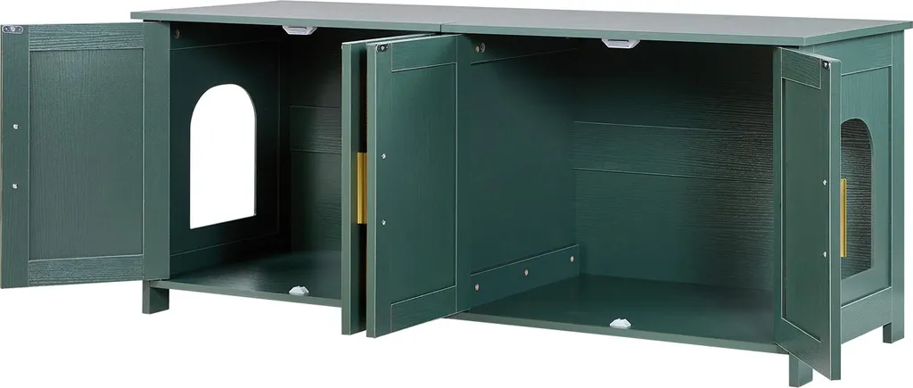 SucceBuy armadietto per gatti, 1200x450x500 mm, lettiera con 4 porte in rattan e 2 ingressi, armadietto per lettiere da interno, casetta per gatti adatta a varie lettiere, verde