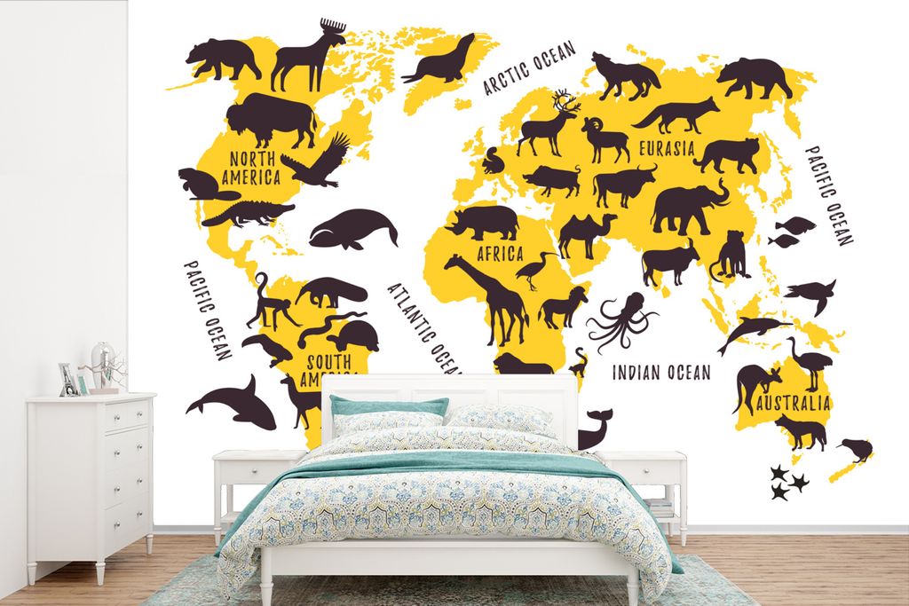 MuchoWow Fototapete für Wohnzimmer oder Schlafzimmer Wandtapete Vinyl Motivtapete Weltkarte - Gelb - Tiere - 450x300 cm - Gemusterte