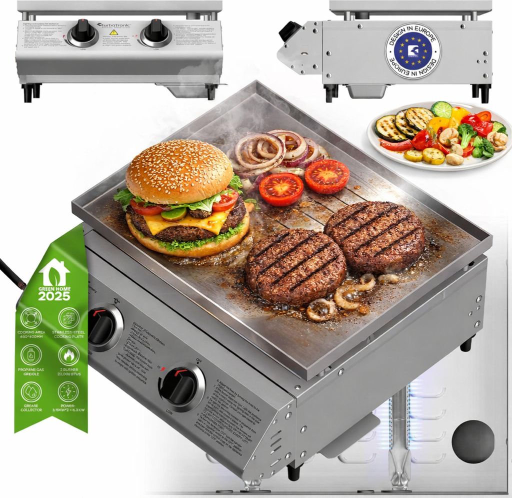 TurboTronic Gasgrill - BBQ6 - Tisch Gasgrill mit Edelstahl Grillplatte 46×40 cm, 2×3,15 kW Brenner (6,3 kW), Plancha Grillplatte, Piezo-Zündung,...