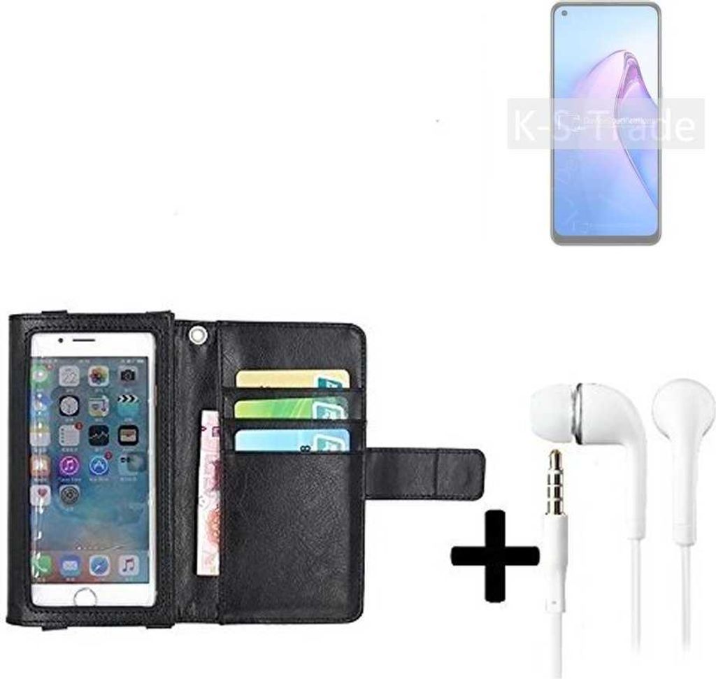 K-S-Trade Handyhülle + Kopfhörer kompatibel mit Oppo Reno8 4G Schutzhülle Case mit Displayschutz / Schutzfolie schwarz + Kopfhörer Flip Cover