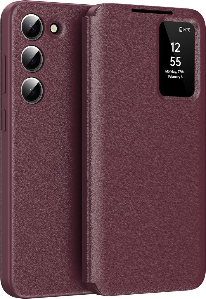 Leder Flip Case für Samsung Galaxy S23+, Smart View Fenster Handyhülle mit Kartenfach Rot