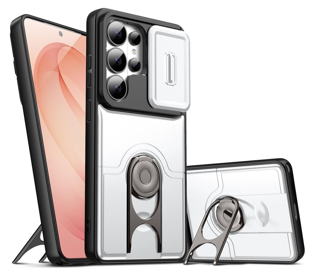 Handyhülle für Samsung Galaxy S23 Ultra mit Dia Kameraschutz und Ringhalter Ständer, Stoßfeste Hybrid Schutzhülle Silber