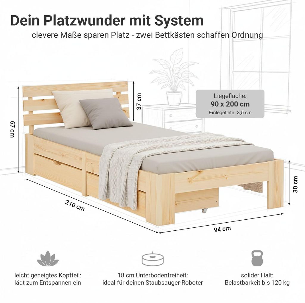 Homestyle4u Holzbett 90x200 mit Lattenrost mit Bettkasten Produktbild 