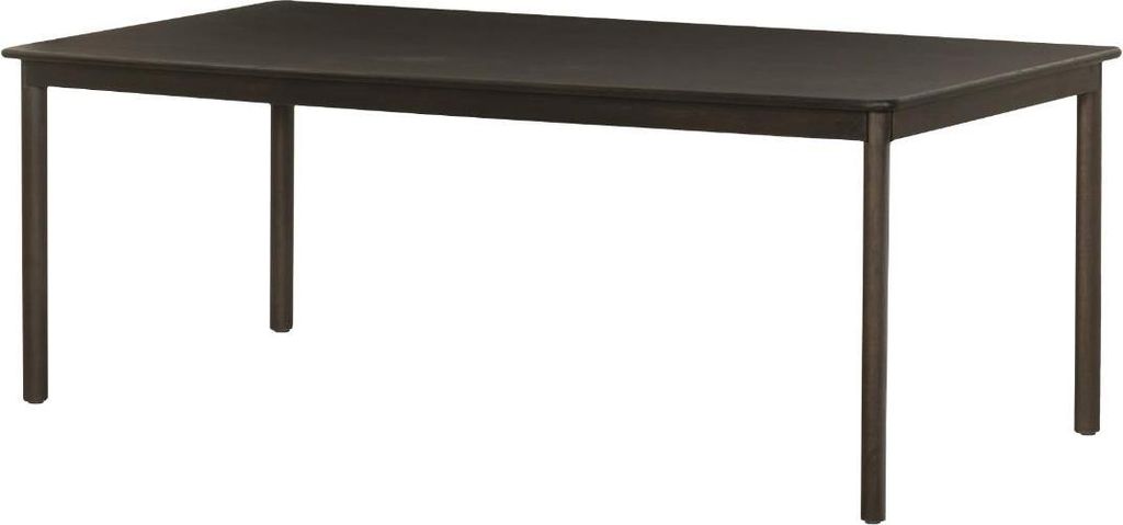 A dark brown rectangular table with four legs, shown from a slightly elevated side angle against a white background.