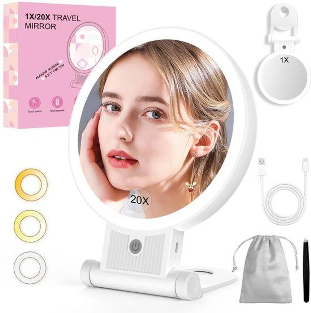 Miroir Grossissant 20x Lumineux LED Blanc avec Batterie de 2500 mAh
