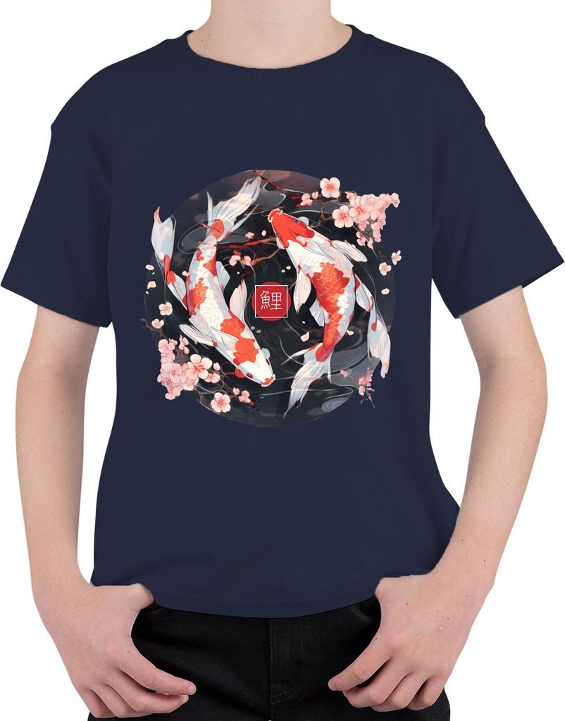 Koi Karpfen Sakura Japanisch Fische Zen Kirschblüten YinYang 鯉 Uni Kinder T-Shirt, Navy, 140