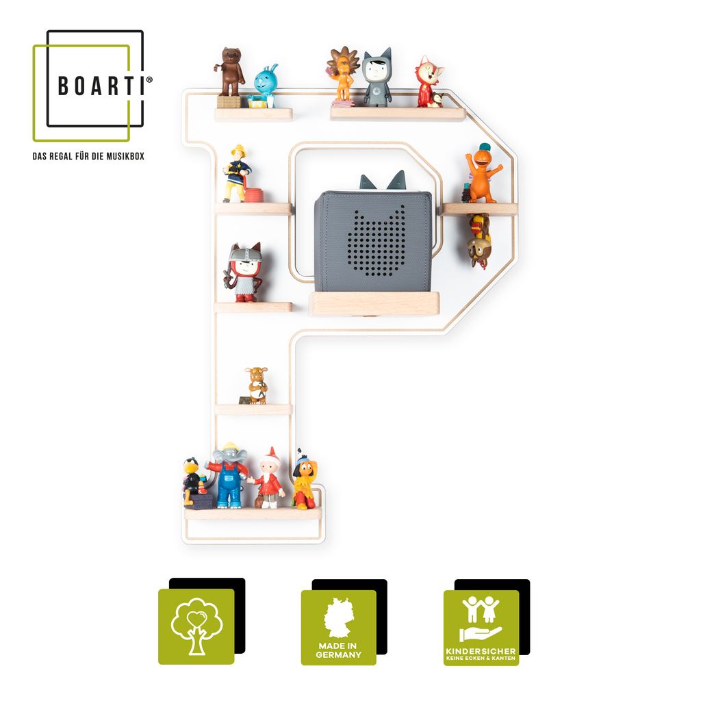BOARTI Kinderregal Buchstabe P | hängend für Toniebox und Tonie Figuren | platzsparendes Regal | H. 54 x B. 40 x T. 19 | Wandregal Musikbox und F...