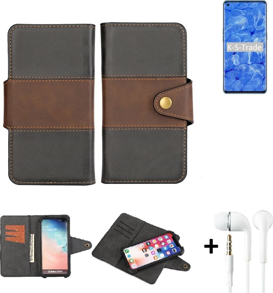 K-S-Trade Handyhülle Schutzhülle Bookstyle Wallet-Case kompatibel mit Oppo Reno6 Pro+ 5G + earphones Bumper rundumschutz schwarz-braun 1x
