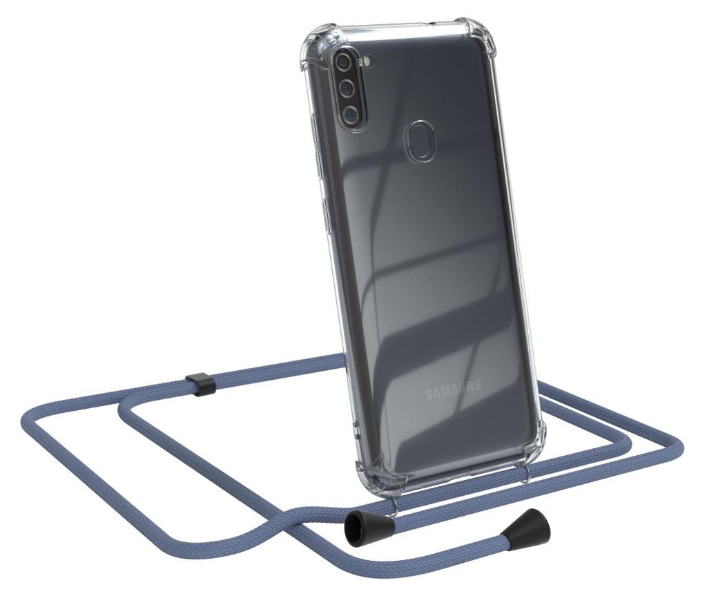 A clear phone case with a blue lanyard attached, shown against a white background.