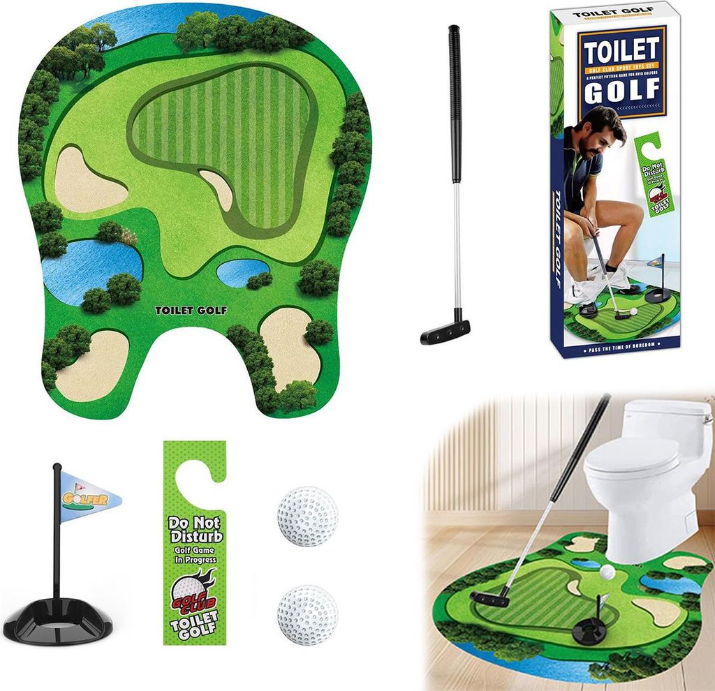 Toilet Golf Set – Mini Golfspiel für Männer,WC-Spiel mit Golfschläger, Puttingmatte, 2 Bällen & Türhänger
