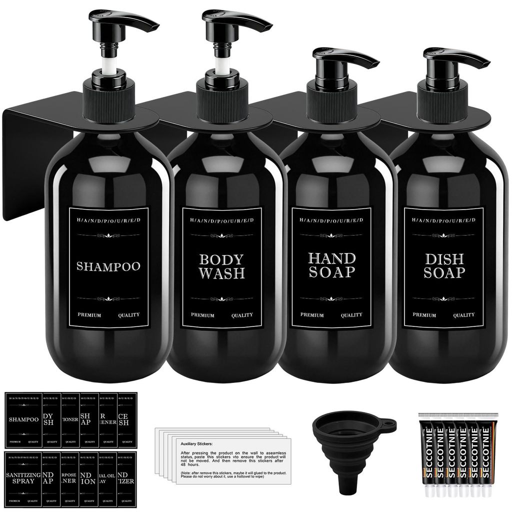Set mit 4 wandmontierten 500-ml-Seifenspendern, nachfüllbaren Shampooflaschen mit wasserfesten Etiketten, schwarz, bohrfreie Wandmontage, für Dus...