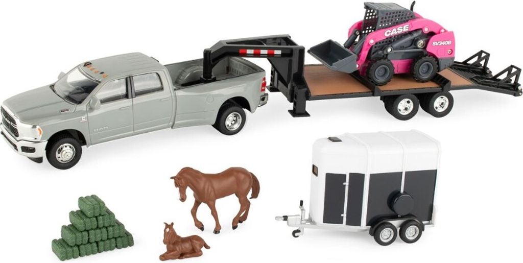 DODGE Ram 3500 mit Schwanenhalspritsche Mini-Lader CASE SV340B Pink Van und Zubehör, ERT47431, Maßstab1/32, ERTL