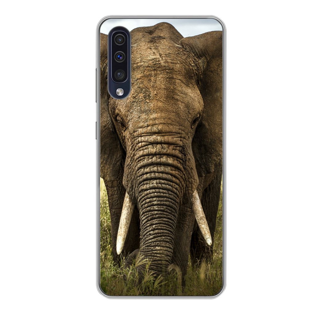 MuchoWow Handyhülle Schutzhülle Hülle für Samsung Galaxy A50 Elefant - Natur - Gras - Tiere - Landschaft Silikon Softcase Handy Hülle - Mobi...