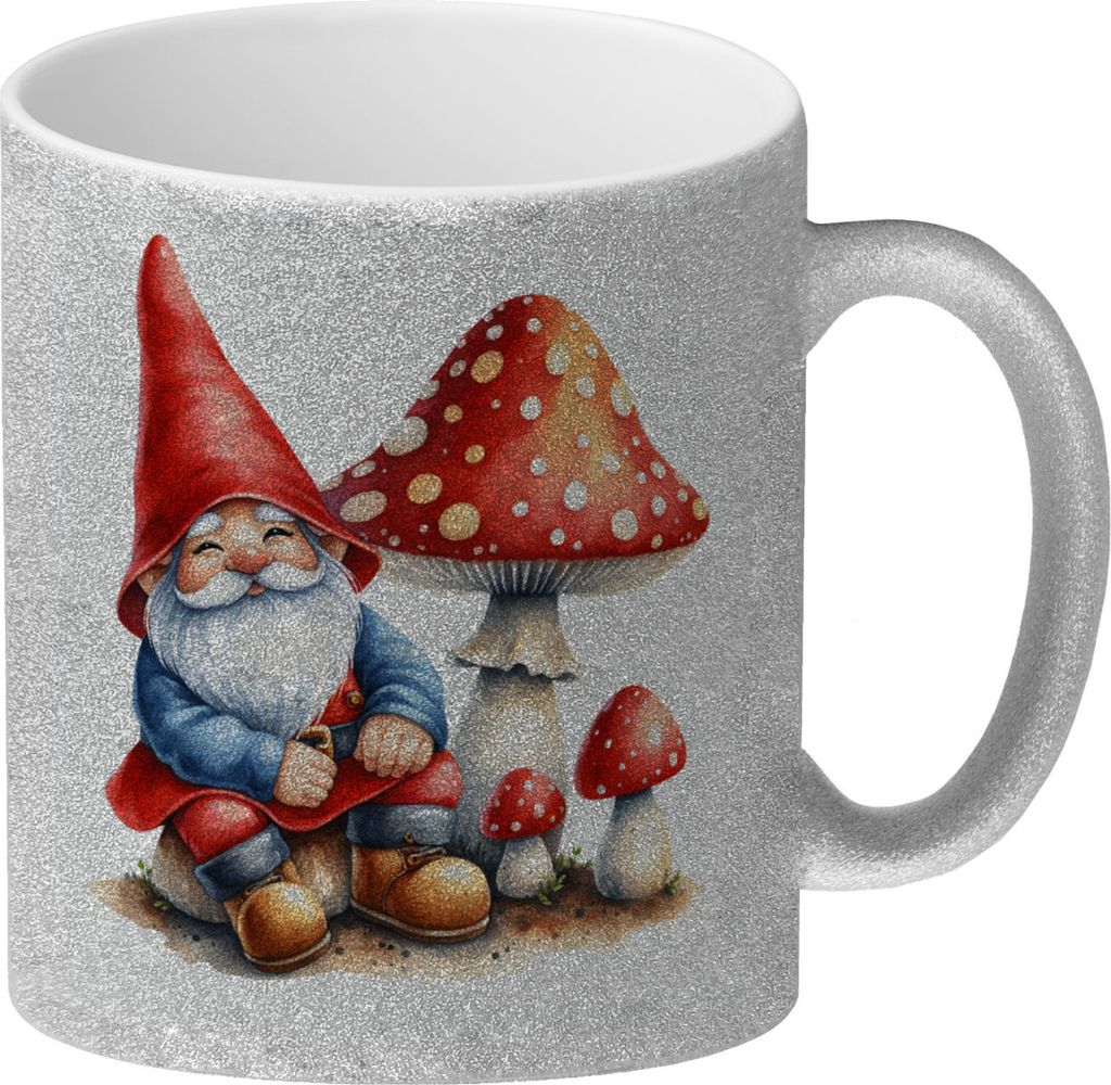 Gartenzwerg mit Fliegenpilz Glitzer-Kaffeebecher