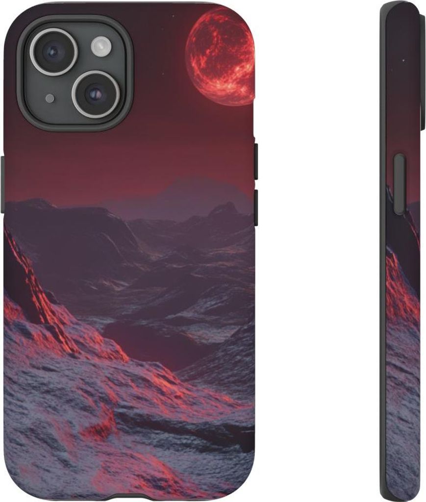 Rotes Mondlicht über Gebirgslandschaft – Handyhülle Kompatibel mit iPhone 15