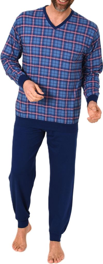 Normann Herren Langarm Schlafanzug mit Bündchen Pyjama Oberteil kariert-auch in Übergröße ; marine , 64