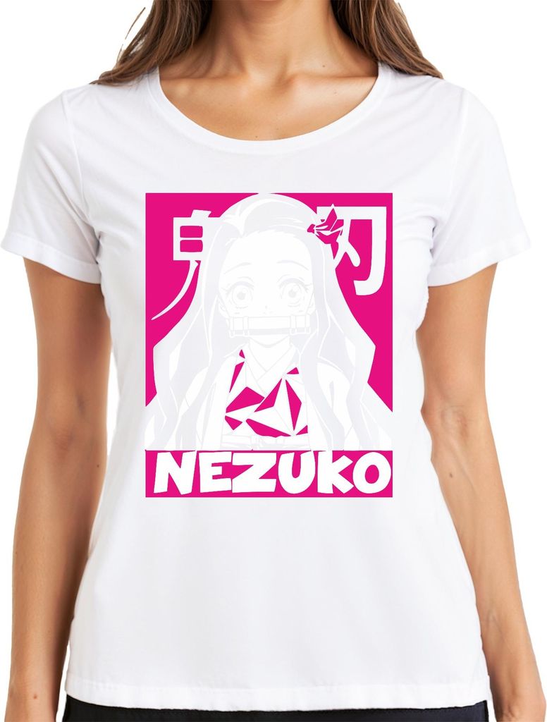 Nezuko Demon Slayer Anime Otaku Kawaii Kimono Pink Geschenk Manga Damen T-Shirt, Weiß, S