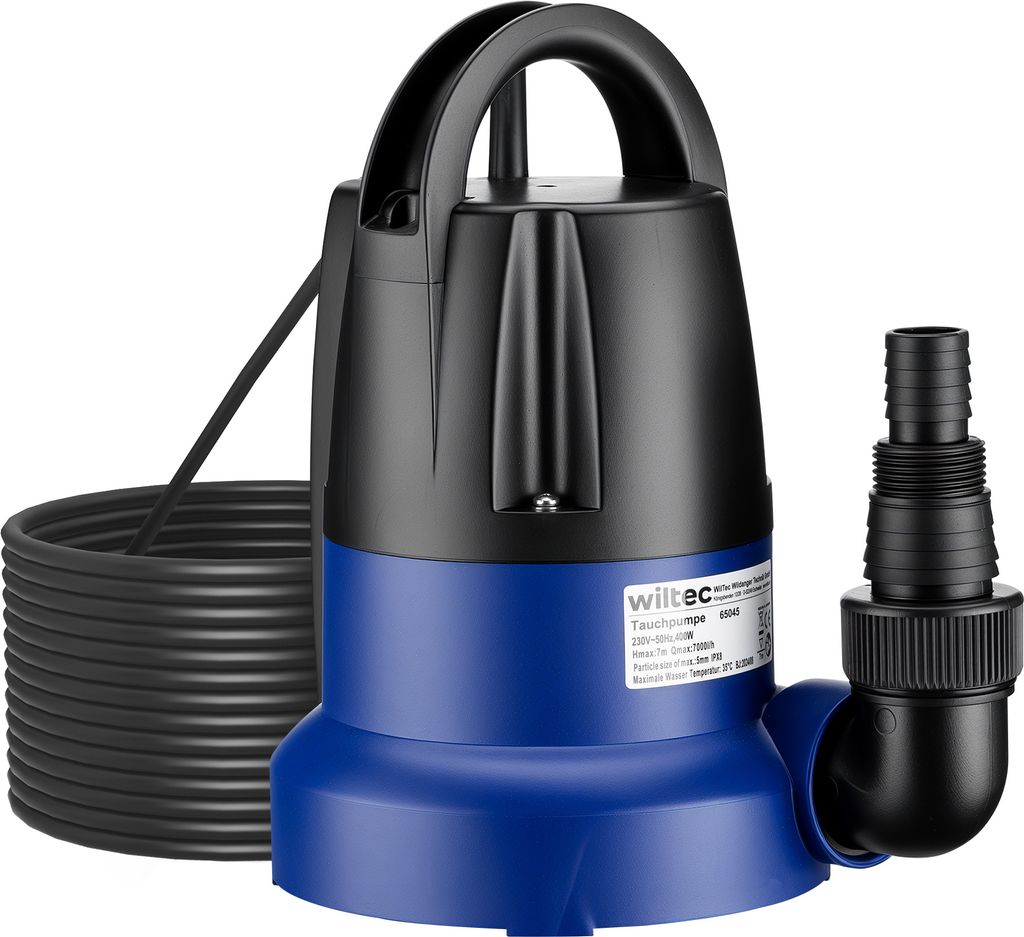 Wiltec Tauchpumpe 400 W, Schmutzwasserpumpe mit max. Fördermenge 7000 l/h, Pumpe zum Absaugen von Wasser max. Förderhöhe 7 m, Flachsaugpumpe fü...