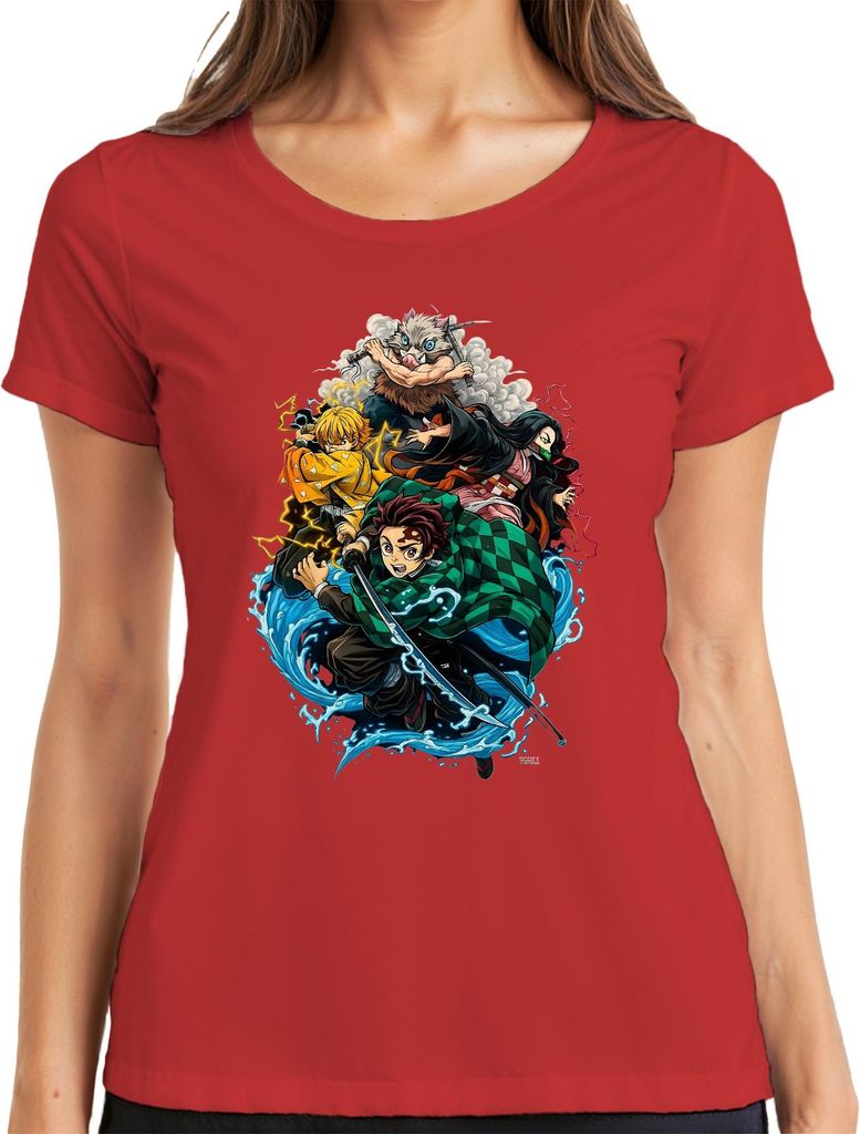 Demon Slayer Kimetsu no Yaiba Tanjiro Nezuko Zenitsu Fan Geschenk Damen T-Shirt, Rot, 3XL