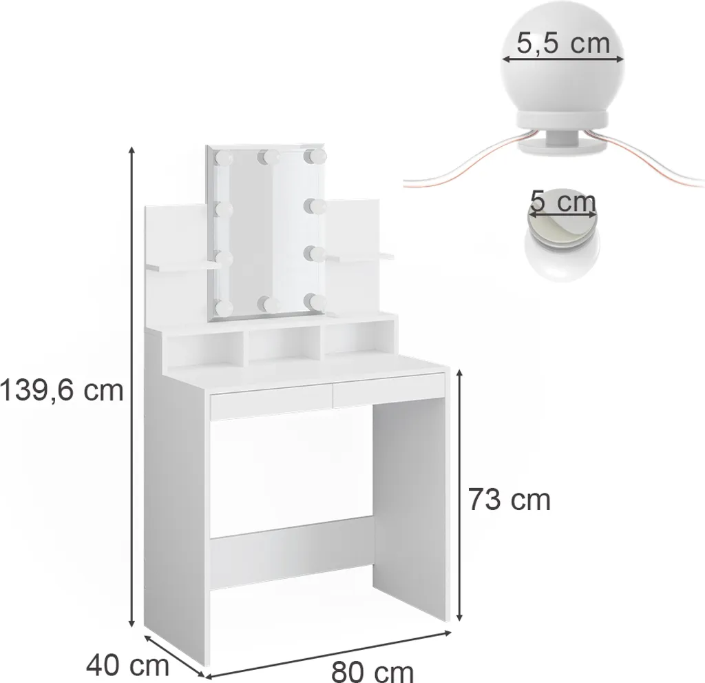 Coiffeuse pour Petite Chambre Vicco Ania 80cm avec Miroir LED Blanc - 3