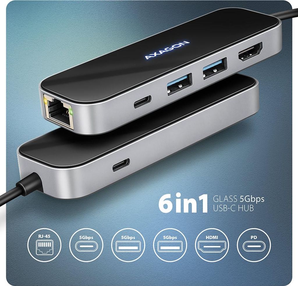 AXAGON Axagon HMC-6GLN USB-C 5Gbps GLASS 6in1 Hub