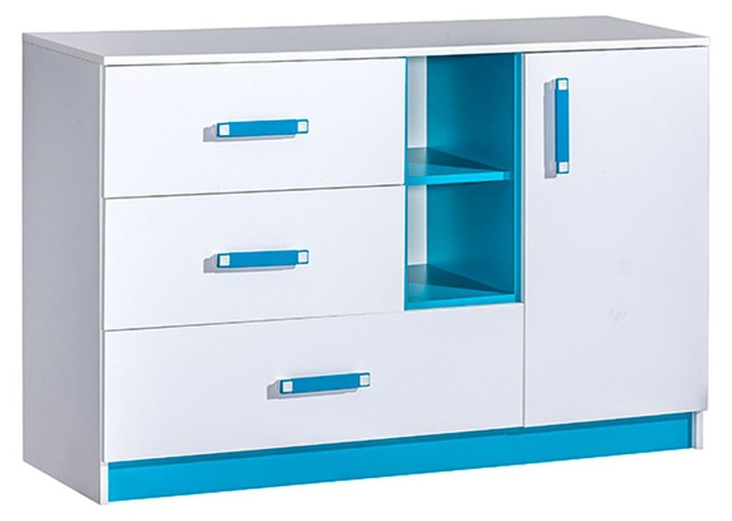 Kinderzimmer - Kommode Frank 07, Farbe: Weiß / Blau - 83 x 130 x 40 cm (H x B x T)