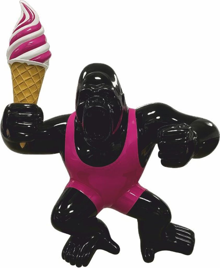 Casa Padrino XXL Deko Skulptur Gorilla Affe mit Eis Schwarz / Pink H. 220 cm