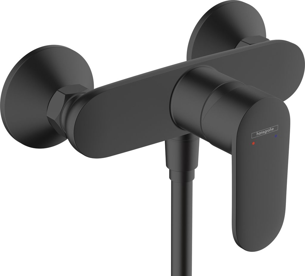 A black hansgrohe Vernis Blend shower faucet mounted on a white background.